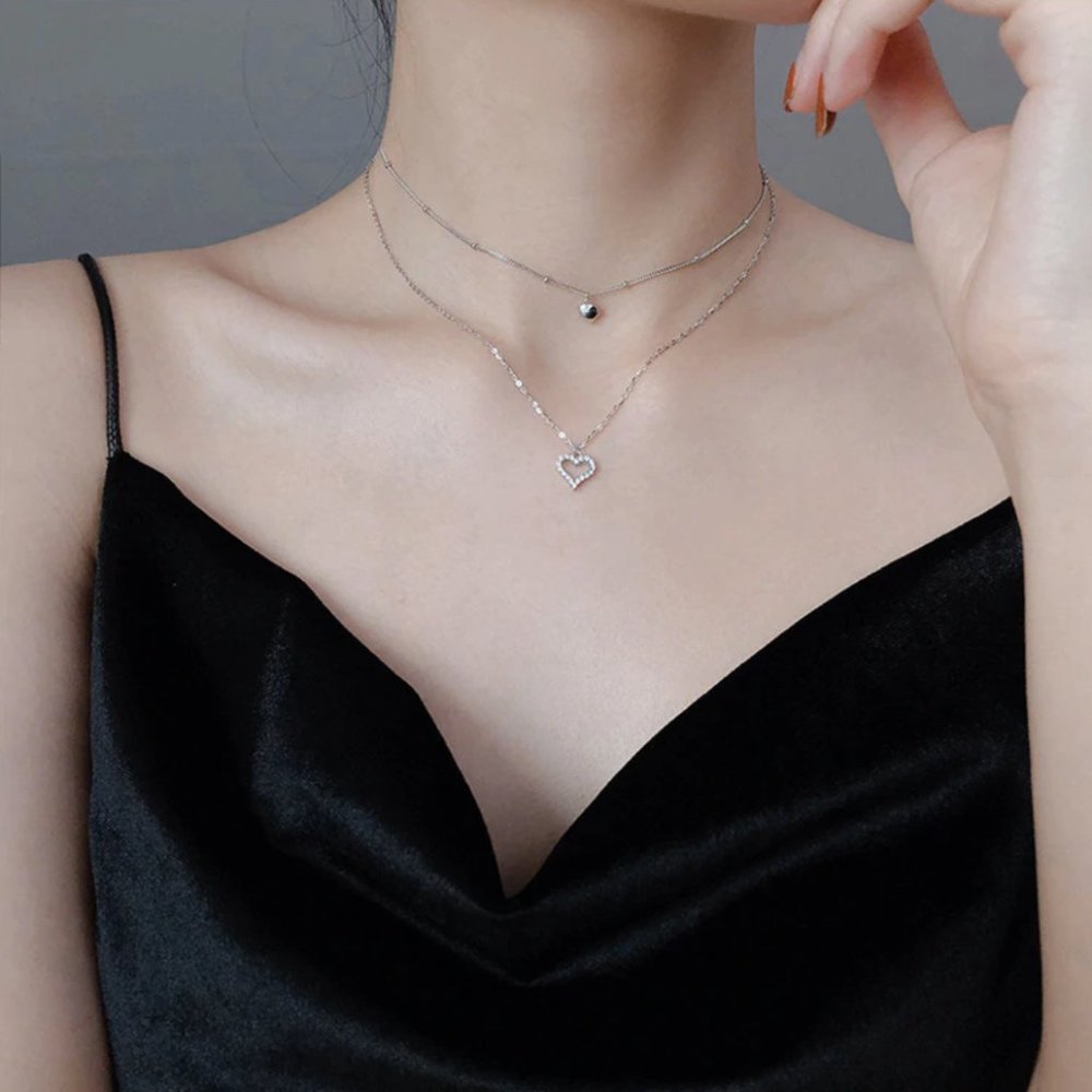 925 Sterling Silver Double Layer Heart Necklace Choker-NEW - Picture 11 of 16